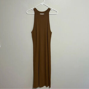 Fitted Sleeveless Rib-Knit Midi Sweater Dress in Brown Bourbon - Size L